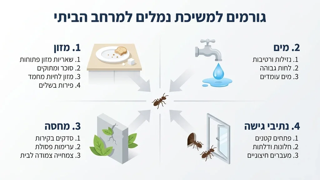 נמלים מחפשות מקורות מזון על משטח מטבח