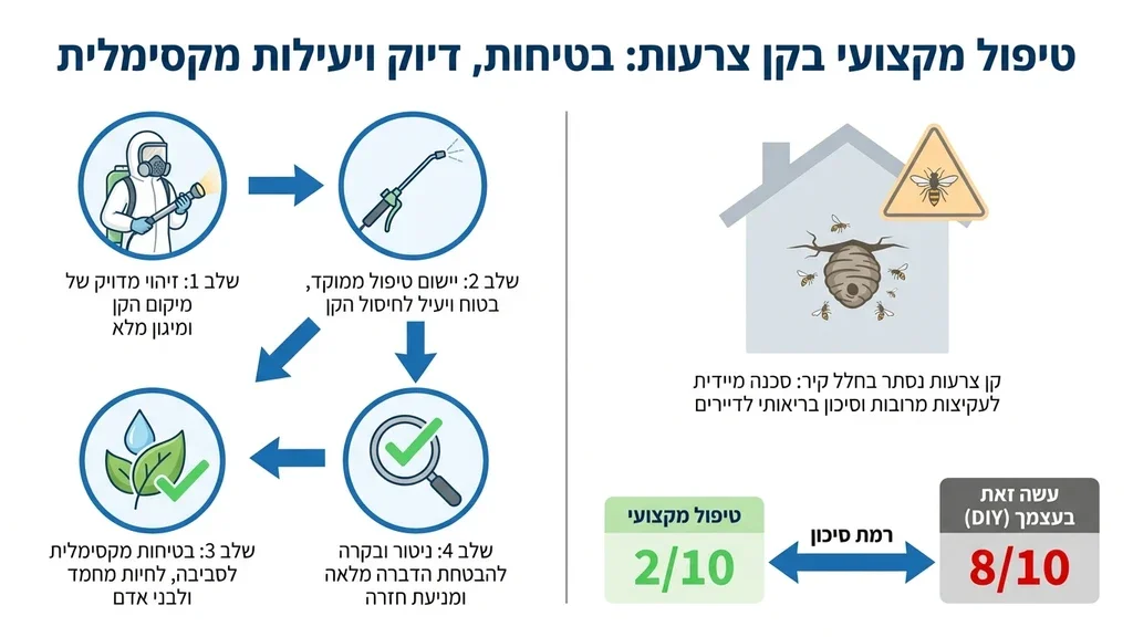 מדביר מוסמך בחליפת מגן מבצע הדברת צרעות מקצועית